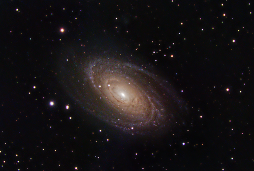 Messier 81 is a spiral galaxy about 12 million light-years away, with at diameter of 90,000 light years, about half the size of the Milky Way, in the constellation Ursa Major. Due to its proximity to Earth, large size, and active galactic nucleus, Messier 81 has been studied extensively by professional astronomers