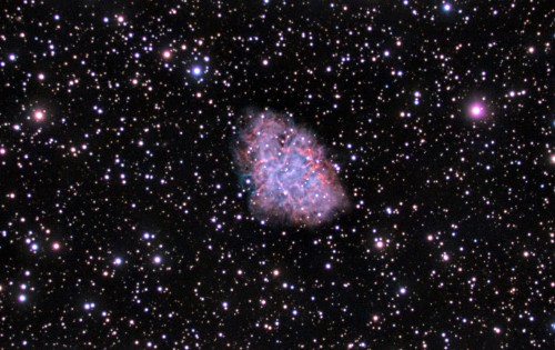 The Crab Nebula (catalogue designations M1, NGC 1952, Taurus A) is a supernova remnant in the constellation of Taurus. The now-current name is due to William Parsons, who observed the object in 1840 using a 36-inch telescope and produced a drawing that looked somewhat like a crab.