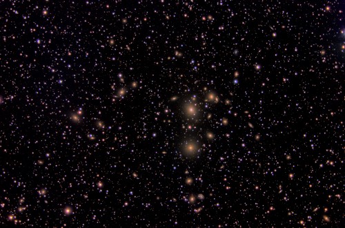 The Perseus cluster (Abell 426) is a cluster of galaxies in the constellation Perseus. It has a recession speed of 5,366 km/s and a diameter of 863′. It is one of the most massive objects in the known universe, containing thousands of galaxies immersed in a vast cloud of multimillion-degree gas.